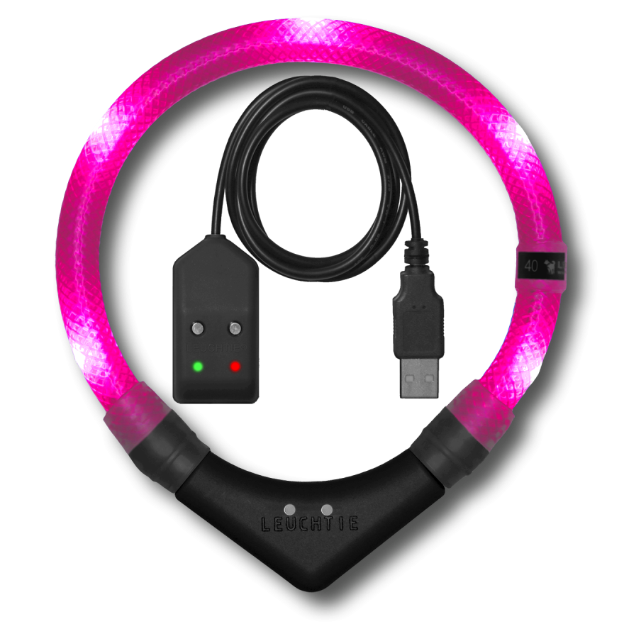 Preview: LEUCHTIE Easy Charge LED-Halsband für Hunde in Hotpink — wasserdicht, mit Bewegungssensor, Handarbeit aus Deutschland