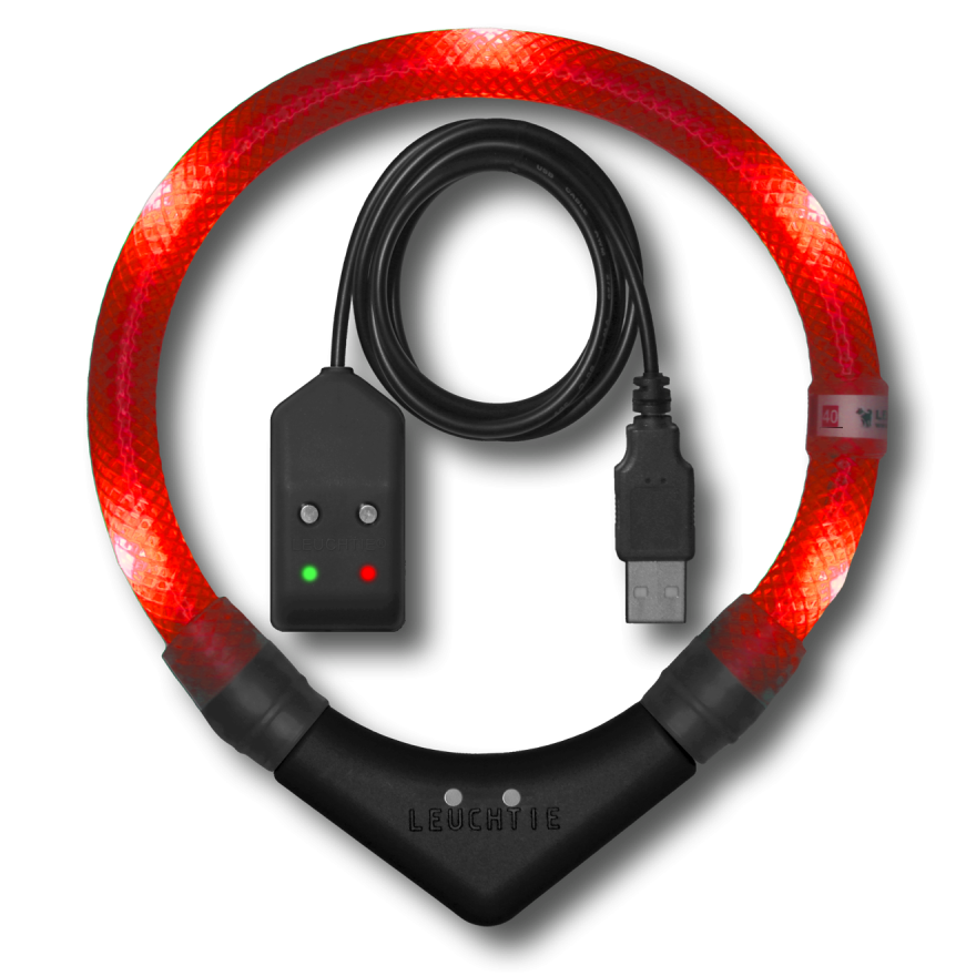 Preview: LEUCHTIE Easy Charge LED-Halsband für Hunde in Rot — wasserdicht, mit Bewegungssensor, Handarbeit aus Deutschland