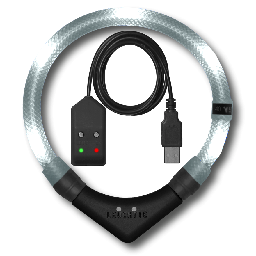 Preview: LEUCHTIE Easy Charge LED-Halsband für Hunde in Weiß — wasserdicht, mit Bewegungssensor, Handarbeit aus Deutschland