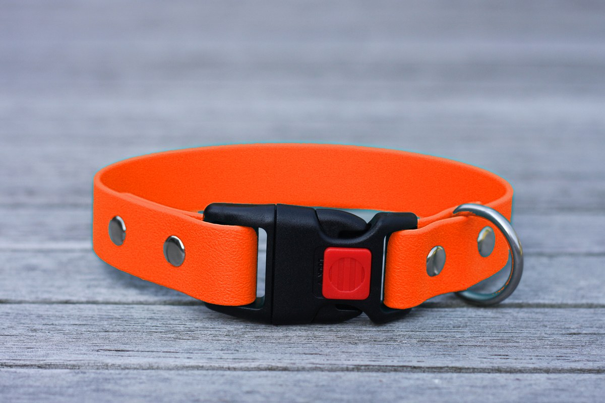 Preview: Biothane Halsband 25mm (Clic schwarz) in neon-orange — handgefertigt