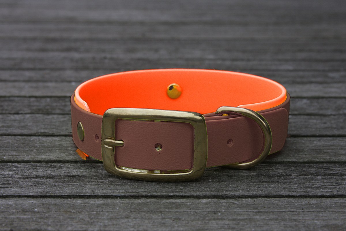 Biothane Halsband 19/25mm "bicolor" (Schnalle) bicolor: braun / neon-orange — handgefertigt