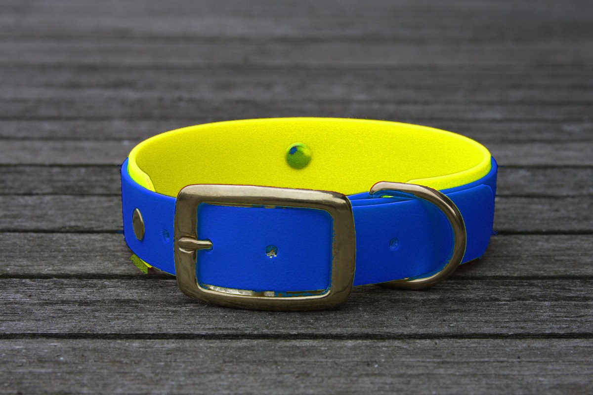 Biothane Halsband 19/25mm "bicolor" (Schnalle) bicolor: dunkel-blau / neon-gelb — handgefertigt