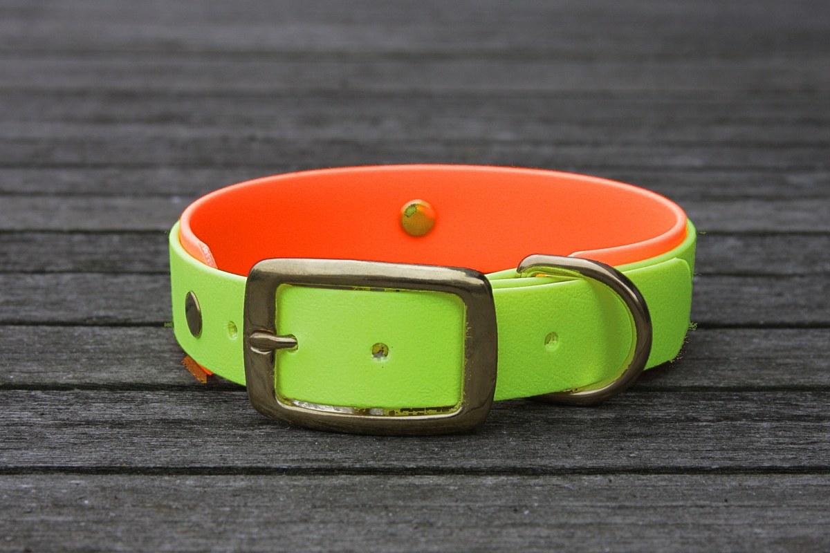 Biothane Halsband 19/25mm "bicolor" (Schnalle) bicolor: apfel-grün / neon-orange — handgefertigt