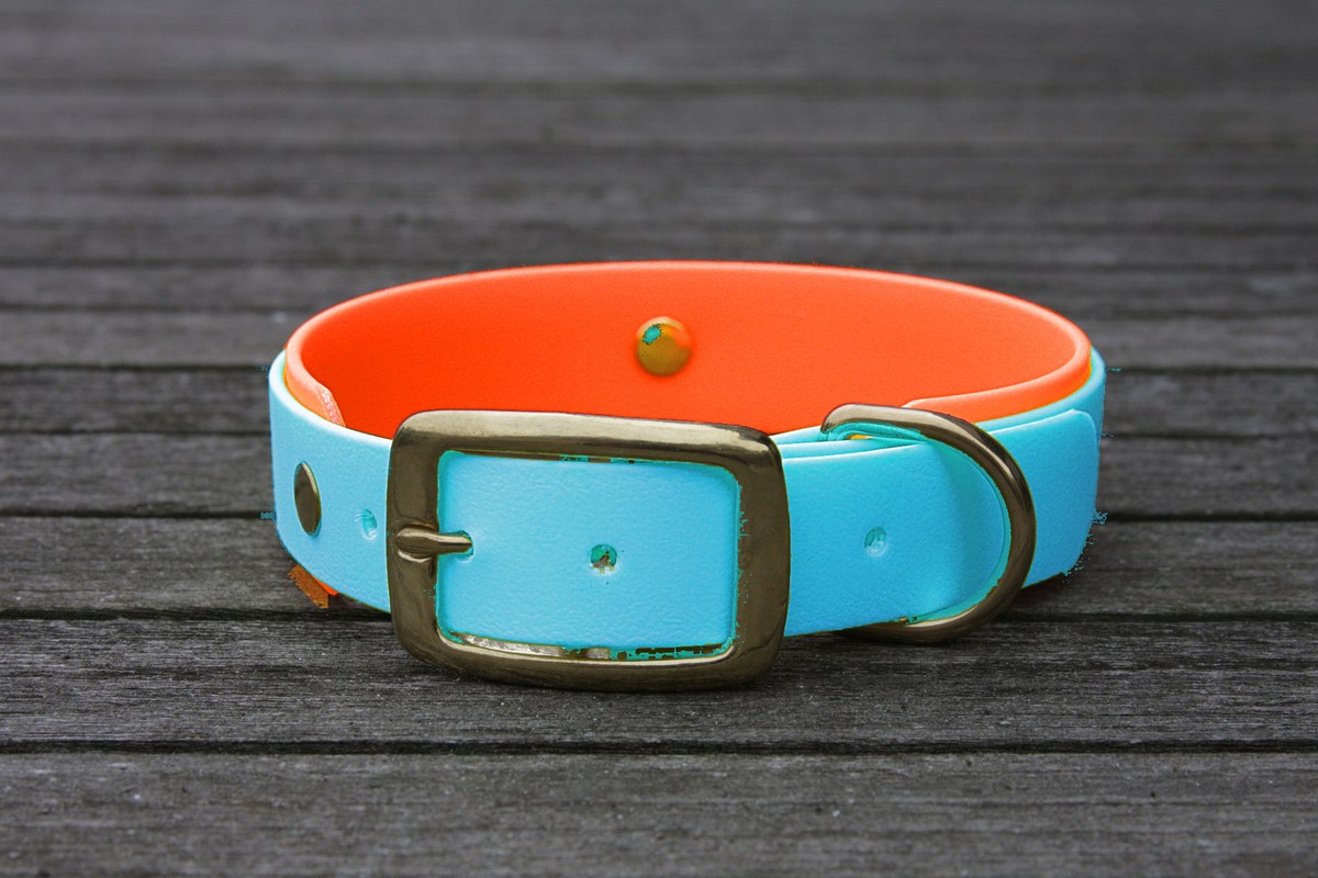 Biothane Halsband 19/25mm "bicolor" (Schnalle) bicolor: cyan-blau / neon-orange — handgefertigt