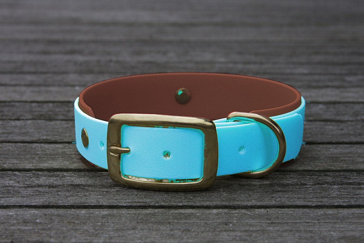 Biothane Halsband 19/25mm "bicolor" (Schnalle) bicolor: cyan-blau / braun — handgefertigt