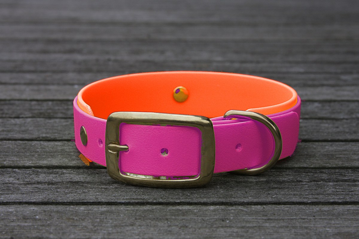 Biothane Halsband 19/25mm "bicolor" (Schnalle) bicolor: beere / neon-orange — handgefertigt