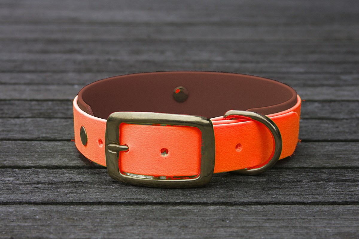 Biothane Halsband 19/25mm "bicolor" (Schnalle) bicolor: neon-orange / braun — handgefertigt