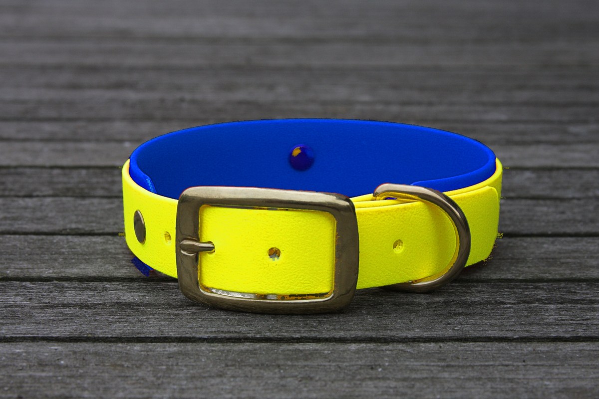Biothane Halsband 19/25mm "bicolor" (Schnalle) bicolor: neon-gelb / dunkel-blau — handgefertigt
