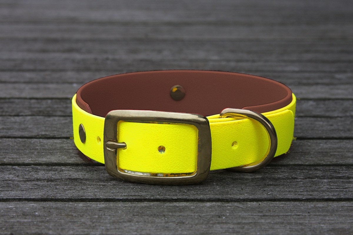 Biothane Halsband 19/25mm "bicolor" (Schnalle) bicolor: neon-gelb / braun — handgefertigt