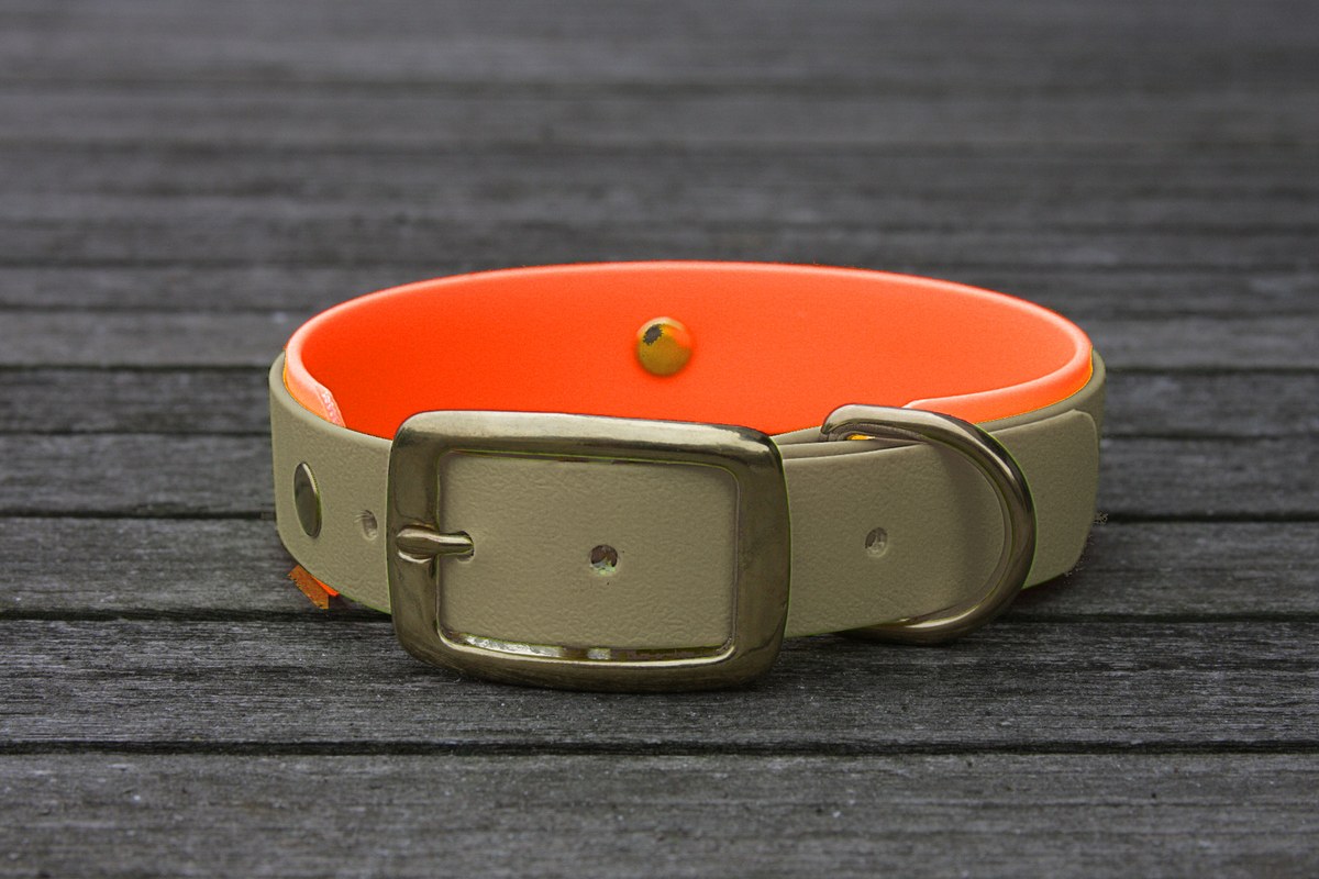 Biothane Halsband 19/25mm "bicolor" (Schnalle) bicolor: taupe / neon-orange — handgefertigt