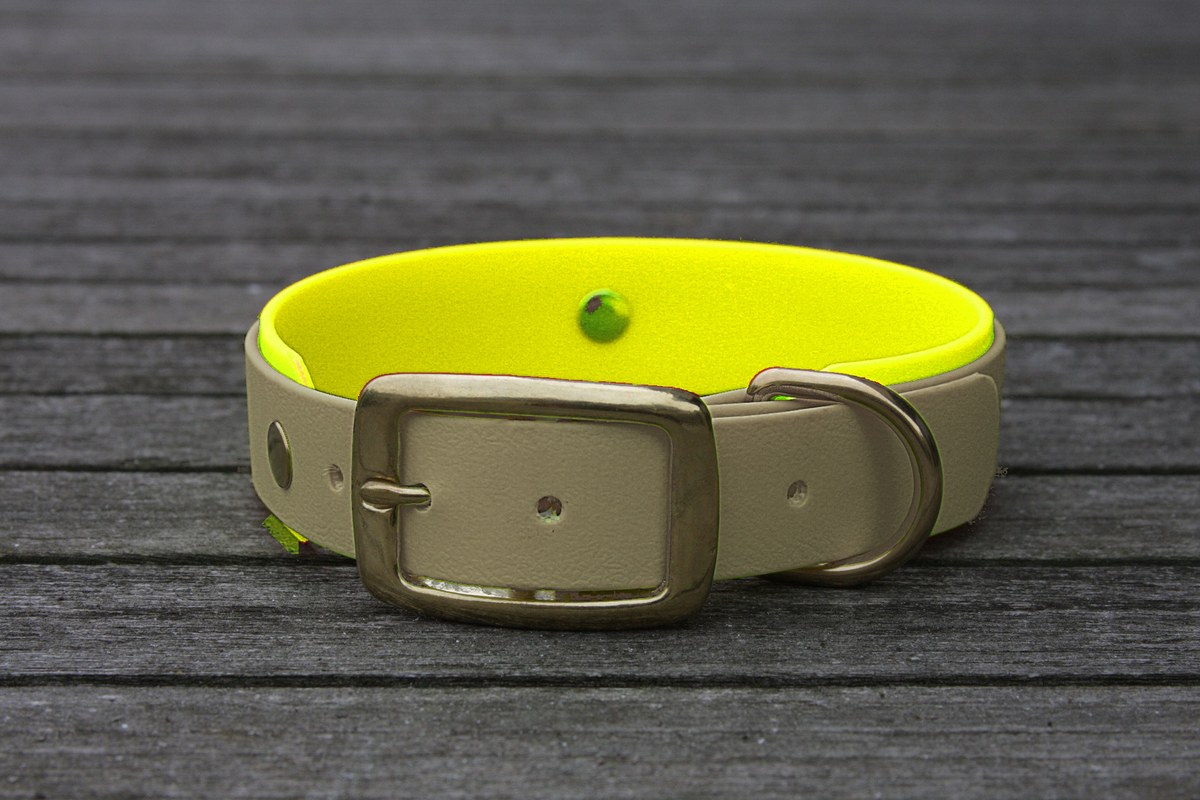 Biothane Halsband 19/25mm "bicolor" (Schnalle) bicolor: taupe / neon-gelb — handgefertigt