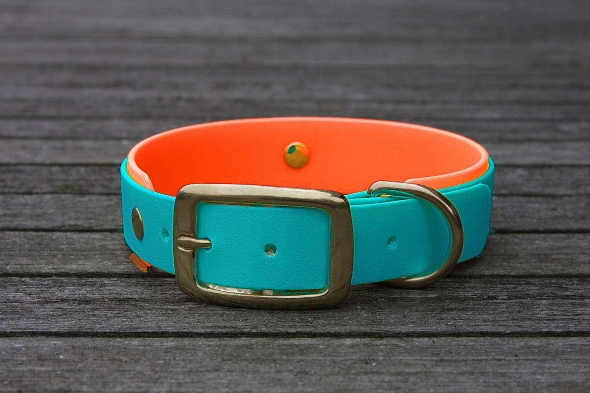 Biothane Halsband 19/25mm "bicolor" (Schnalle) bicolor: türkis-grün / neon-orange — handgefertigt