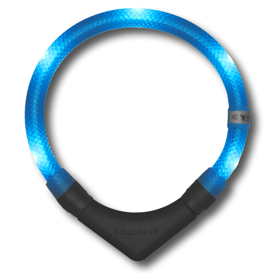 Preview: LEUCHTIE Plus LED dog collar in Ice Blue — waterproof, motion sensor, handcrafted in Germany